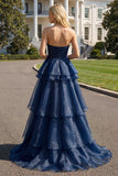 Vestido de Baile Longo Marinha Sem Alças e Linha-A com Folhos