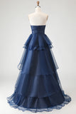 Vestido de Baile Longo Marinha Sem Alças e Linha-A com Folhos
