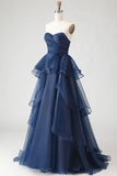 Vestido de Baile Longo, Princesa Azul Azul-Marinho A-Line Sem alças e folhos