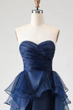 Vestido de Baile Longo, Princesa Azul Azul-Marinho A-Line Sem alças e folhos
