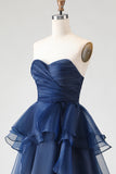 Vestido de Baile Longo, Princesa Azul Azul-Marinho A-Line Sem alças e folhos