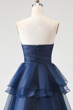 Vestido de Baile Longo, Princesa Azul Azul-Marinho A-Line Sem alças e folhos