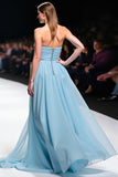 Elegante A Line Sweetheart Ruched Vestido de Gala Azul Cinza