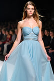 Elegante A Line Sweetheart Ruched Vestido de Gala Azul Cinza