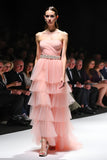 Uma linha Blush Rufled Strapless Long Gala Dress