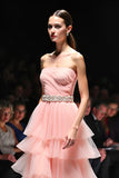 Uma linha Blush Rufled Strapless Long Gala Dress