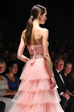 Uma linha Blush Rufled Strapless Long Gala Dress