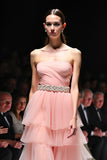 Uma linha Blush Rufled Strapless Long Gala Dress