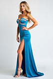 Vestido de baile de baile sem alças azul com fenda
