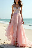 Blush Espaghetti Correias Tulle Longo Vestido de Noiva com Folhos