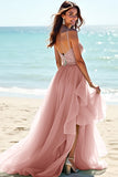 Blush Espaghetti Correias Tulle Longo Vestido de Noiva com Folhos