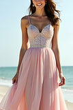 Blush Espaghetti Correias Tulle Longo Vestido de Noiva com Folhos