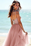 Blush Espaghetti Correias Tulle Longo Vestido de Noiva com Folhos