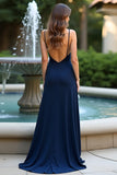 Navy Open Back Spaghetti Correias Longo Vestido de Noiva com Fenda