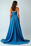 Blue Satin Strapless A-Line Ruched longo vestido de casamento com fenda