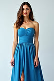 Blue Satin Strapless A-Line Ruched longo vestido de casamento com fenda