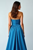 Blue Satin Strapless A-Line Ruched longo vestido de casamento com fenda