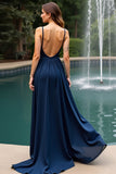 Navy Open Back Spaghetti Correias A-Line Long Wedding Guest Dress