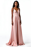 Blush Open Back Cetim Esparguete Correias A-Line Long Wedding Guest Dress