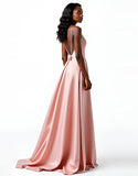 Blush Open Back Cetim Esparguete Correias A-Line Long Wedding Guest Dress