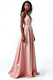 Blush Open Back Cetim Esparguete Correias A-Line Long Wedding Guest Dress