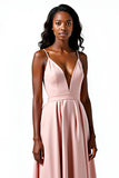 Blush Open Back Cetim Esparguete Correias A-Line Long Wedding Guest Dress