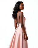 Blush Open Back Cetim Esparguete Correias A-Line Long Wedding Guest Dress