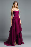 Alças de espaguete roxo escuro A-Line Long Wedding Guest Dress com babados
