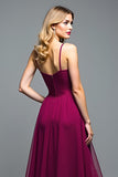 Alças de espaguete roxo escuro A-Line Long Wedding Guest Dress com babados