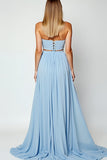 Blue Cut out A-Line Querida Vestido de Noiva Longo com Fenda
