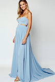 Blue Cut out A-Line Querida Vestido de Noiva Longo com Fenda