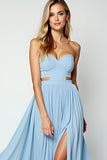 Blue Cut out A-Line Querida Vestido de Noiva Longo com Fenda