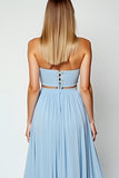 Blue Cut out A-Line Querida Vestido de Noiva Longo com Fenda