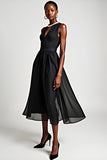 V-Neck A-Line Tulle Chá Comprimento Vestido Preto Pequeno