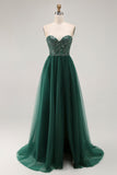 Dark Green Sequin Strapless Uma Linha Long Prom Dress