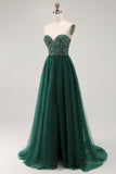 Dark Green Sequin Strapless Uma Linha Long Prom Dress