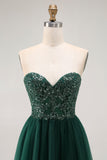 Dark Green Sequin Strapless Uma Linha Long Prom Dress