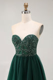 Dark Green Sequin Strapless Uma Linha Long Prom Dress