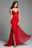 Red Spaghetti Correias Sereia Appliqued Long Prom Dress