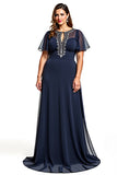 Marinha Bainha Chiffon Mangas Curtas Longo Vestido Mae Noiva