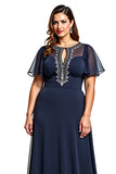 Marinha Bainha Chiffon Mangas Curtas Longo Vestido Mae Noiva