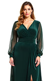 Linha-A Pinheiro Decote em V Longo Vestido Mae Noiva com Fenda