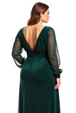 Linha-A Pinheiro Decote em V Longo Vestido Mae Noiva com Fenda