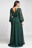 Linha-A Verde Escuro Decote em V Longo Vestido Mae Noiva com Fenda