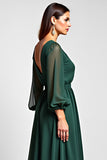 Linha-A Verde Escuro Decote em V Longo Vestido Mae Noiva com Fenda