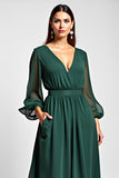 Linha-A Verde Escuro Decote em V Longo Vestido Mae Noiva com Fenda