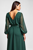 Linha-A Verde Escuro Decote em V Longo Vestido Mae Noiva com Fenda