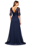 Marinha Decote em V Tule Linha-A Longo Vestido Mae Noiva