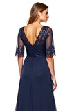 Marinha Decote em V Tule Linha-A Longo Vestido Mae Noiva