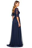 Marinha Decote em V Tule Linha-A Longo Vestido Mae Noiva